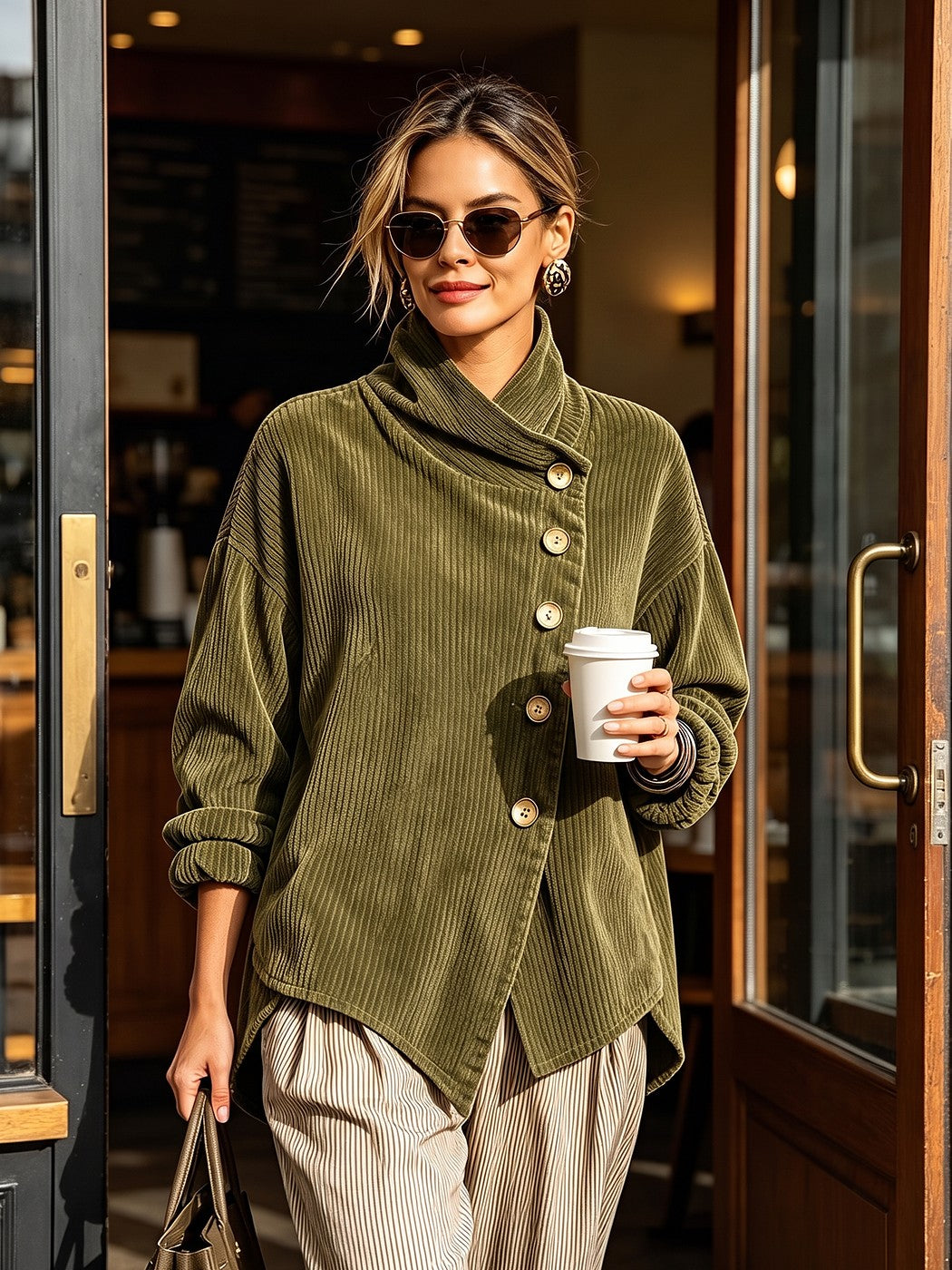 Pull Côtelé Femme Col Montant Boutonné