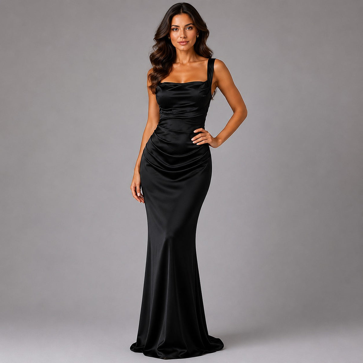 Robe Longue Satinée Femme à Col Carré