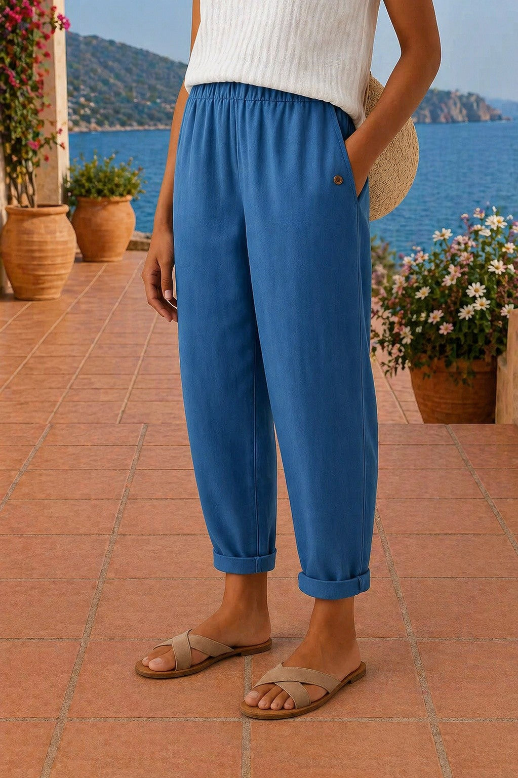Pantalon Taille Élastique Femme à Revers