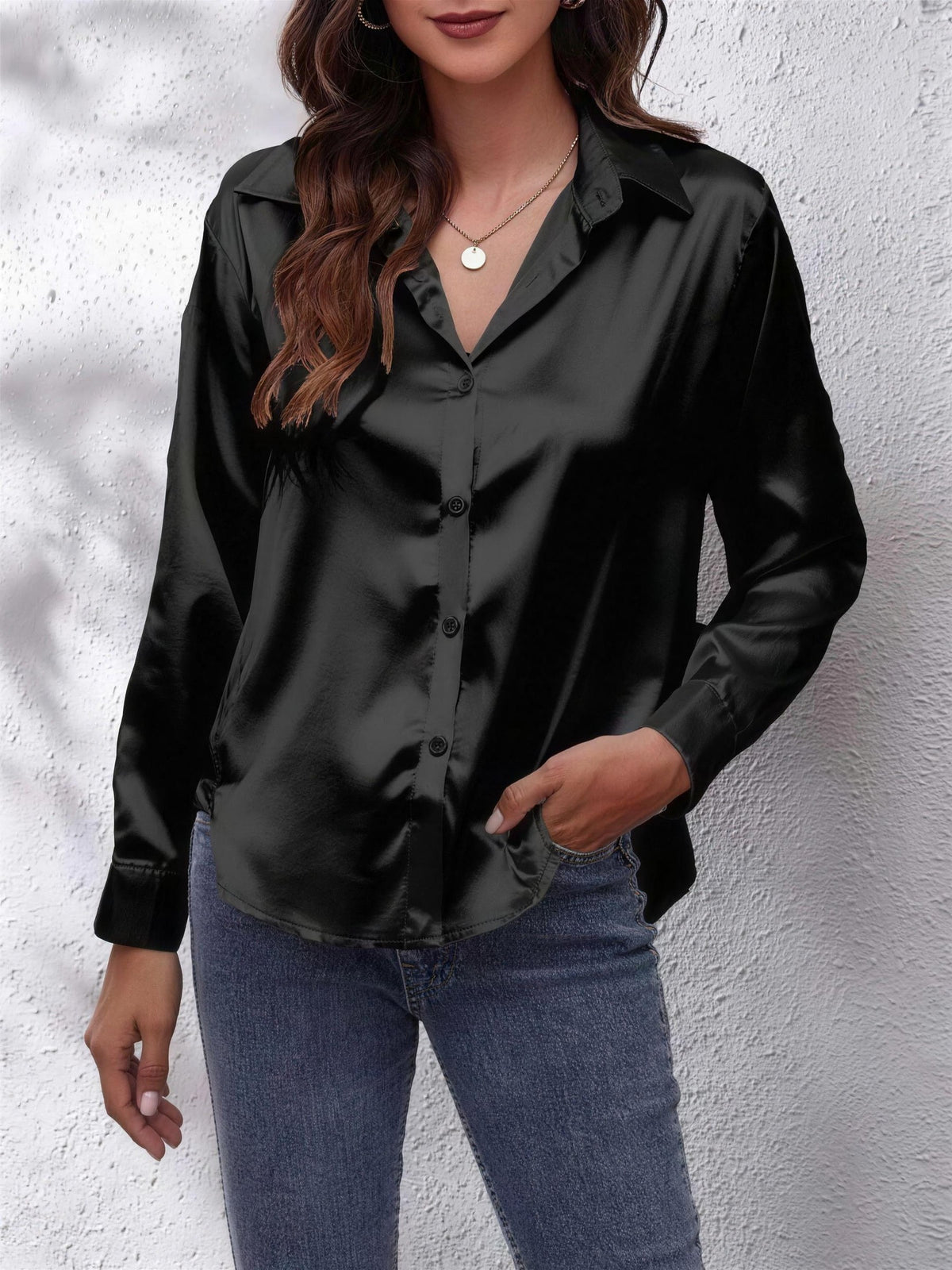 Chemise en Satin Femme à Col Pointu