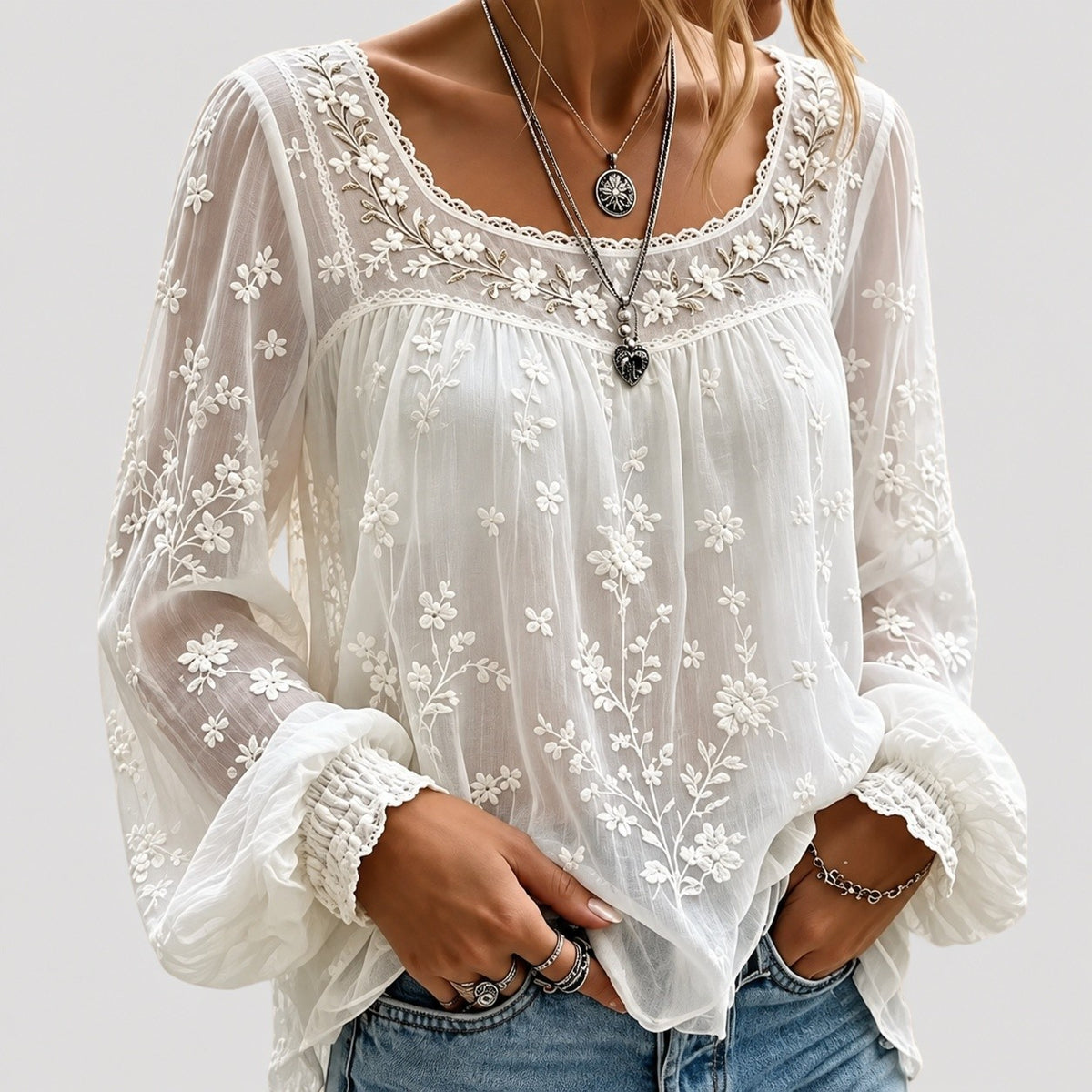 Blouse Brodée Femme à Manches Ballon