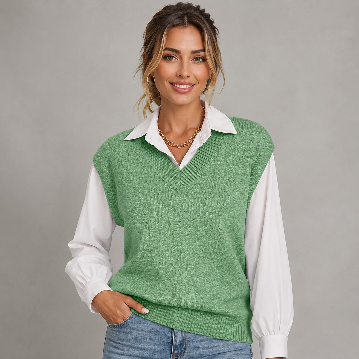 Pull Sans Manches Col V Femme