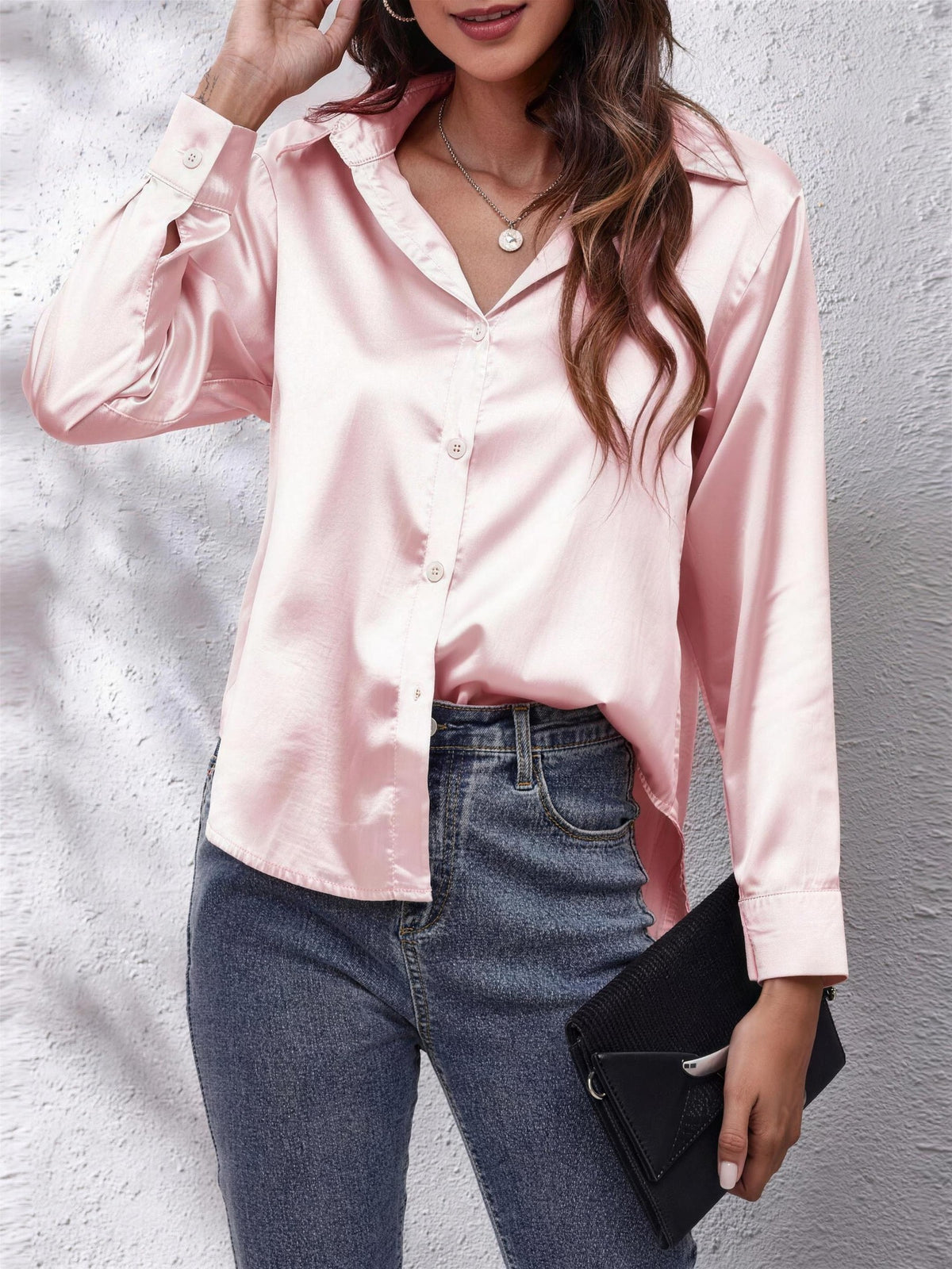 Chemise en Satin Femme à Col Pointu