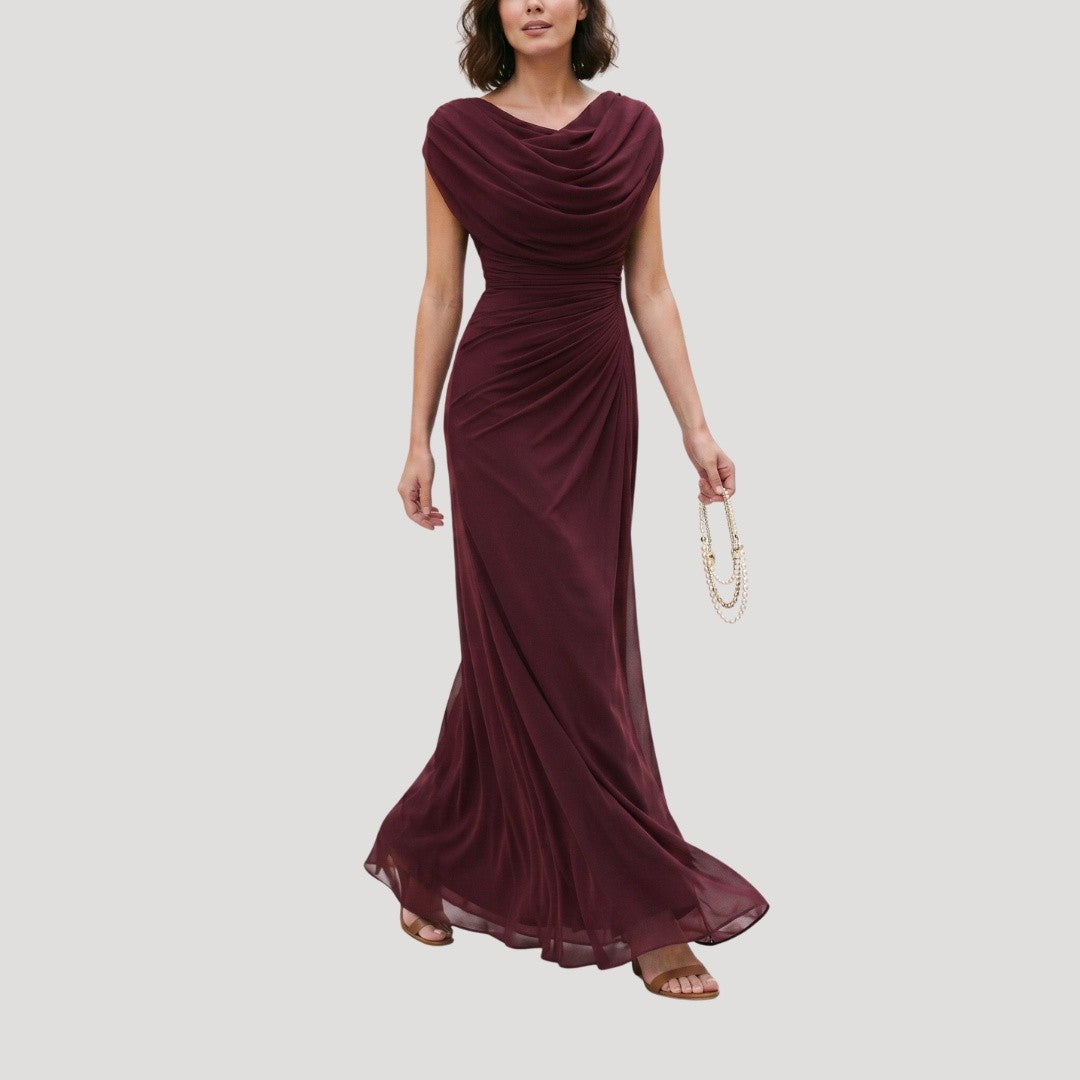 Robe Longue Drapée Femme à Manches Courtes