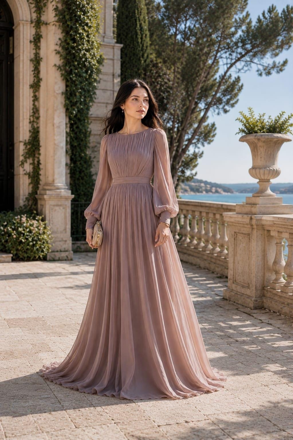 Robe Longue Plissée à Manches Ballon Femme