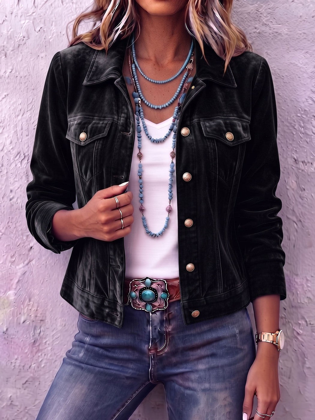 Veste Courte en Velours Femme Boutonnée