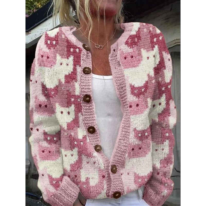 Cardigan med katteprint og træknapper