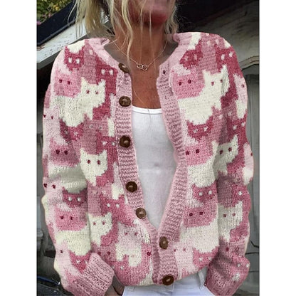 Cardigan med katteprint og træknapper