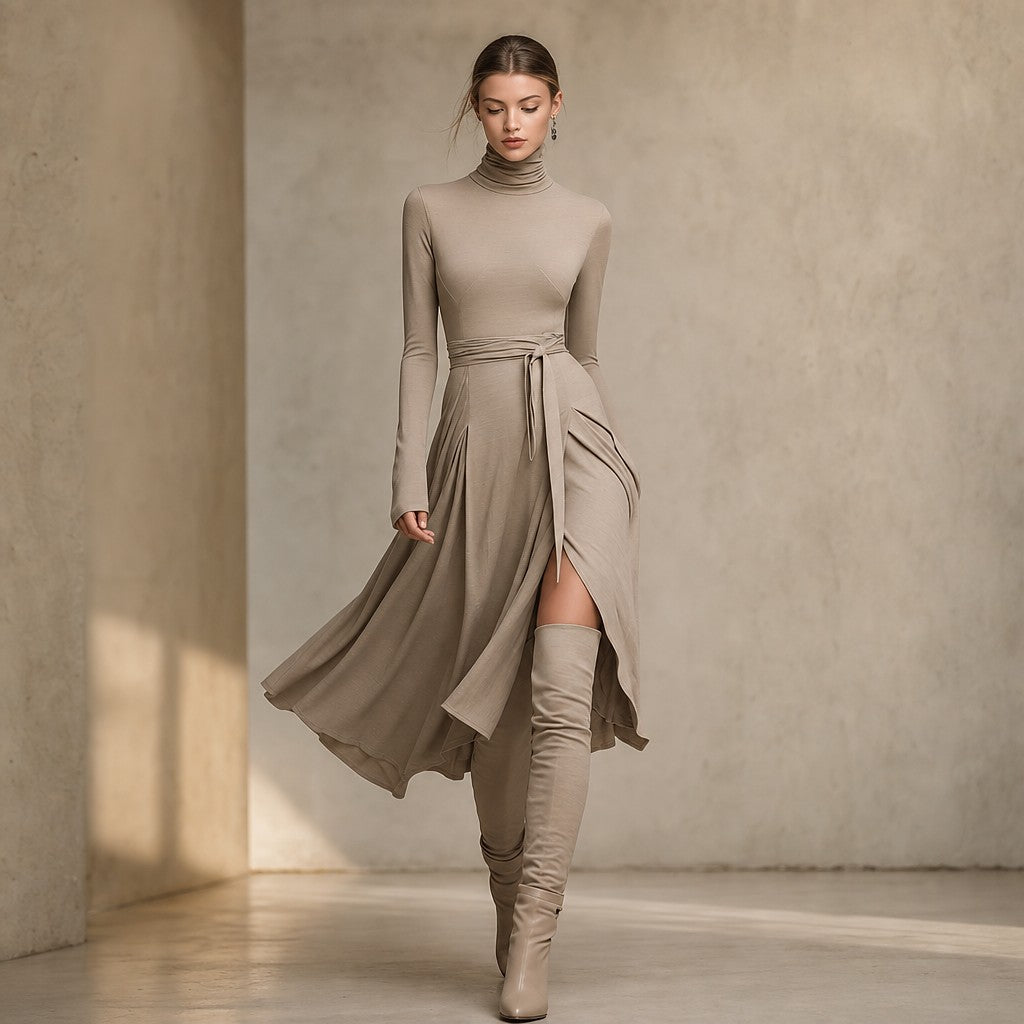 Robe Pull Midi à Col Roulé Femme